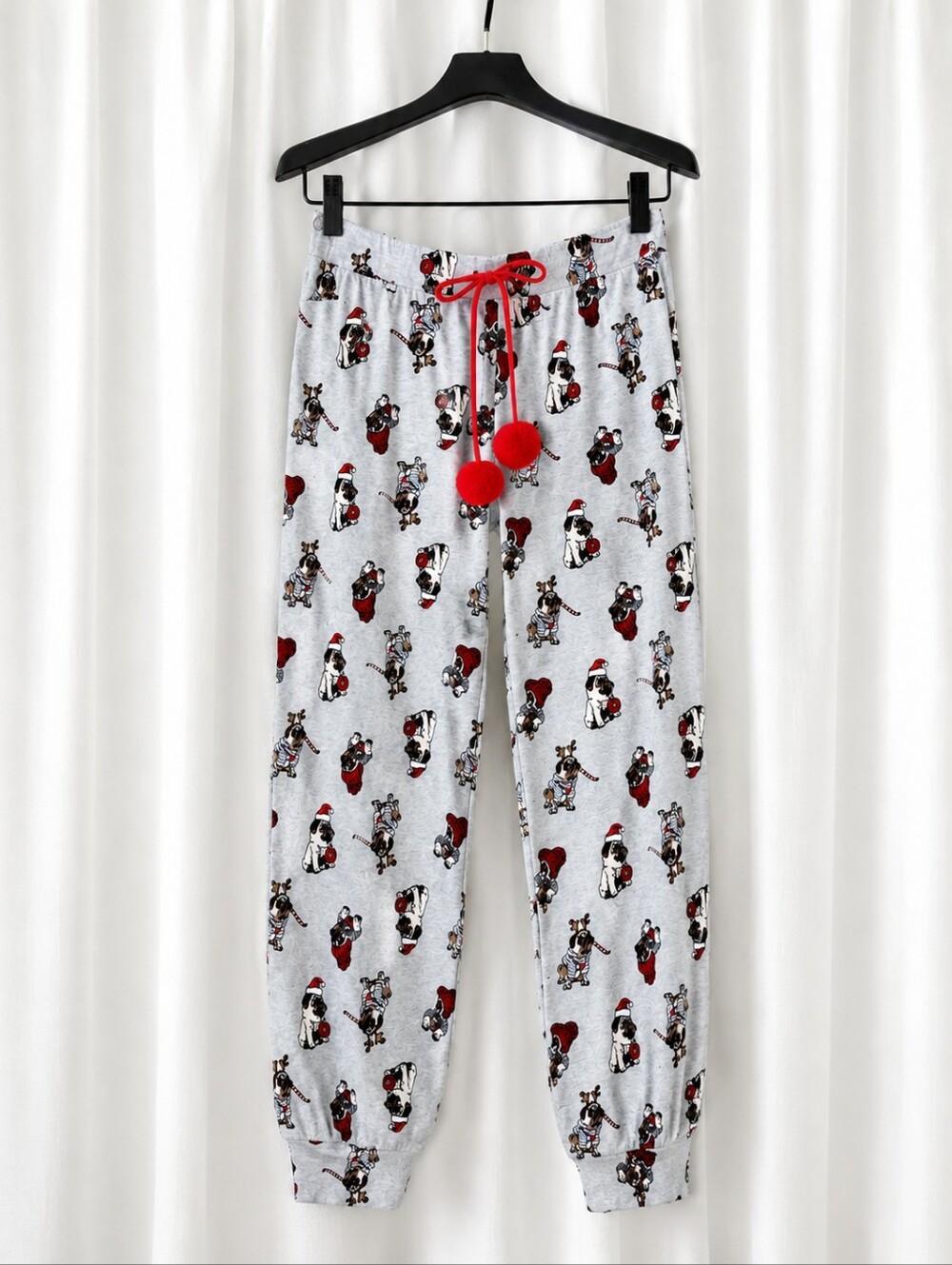 Santa's Treasures Christmas Pug Dog Pull On Pom Pom Cozy Loungewear Pajama Pants